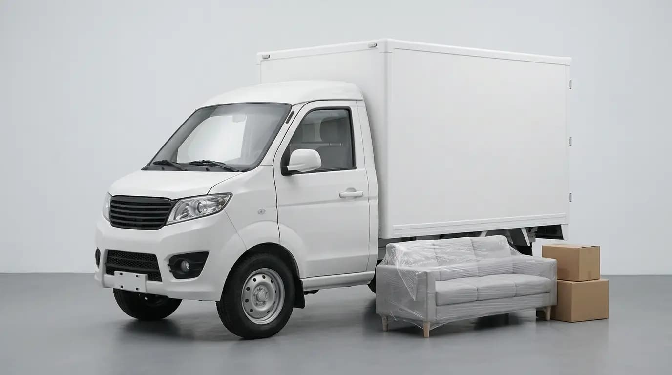 Xe tải thùng kín màu trắng, bên cạnh ghế sofa đã bọc màng co và các thùng carton