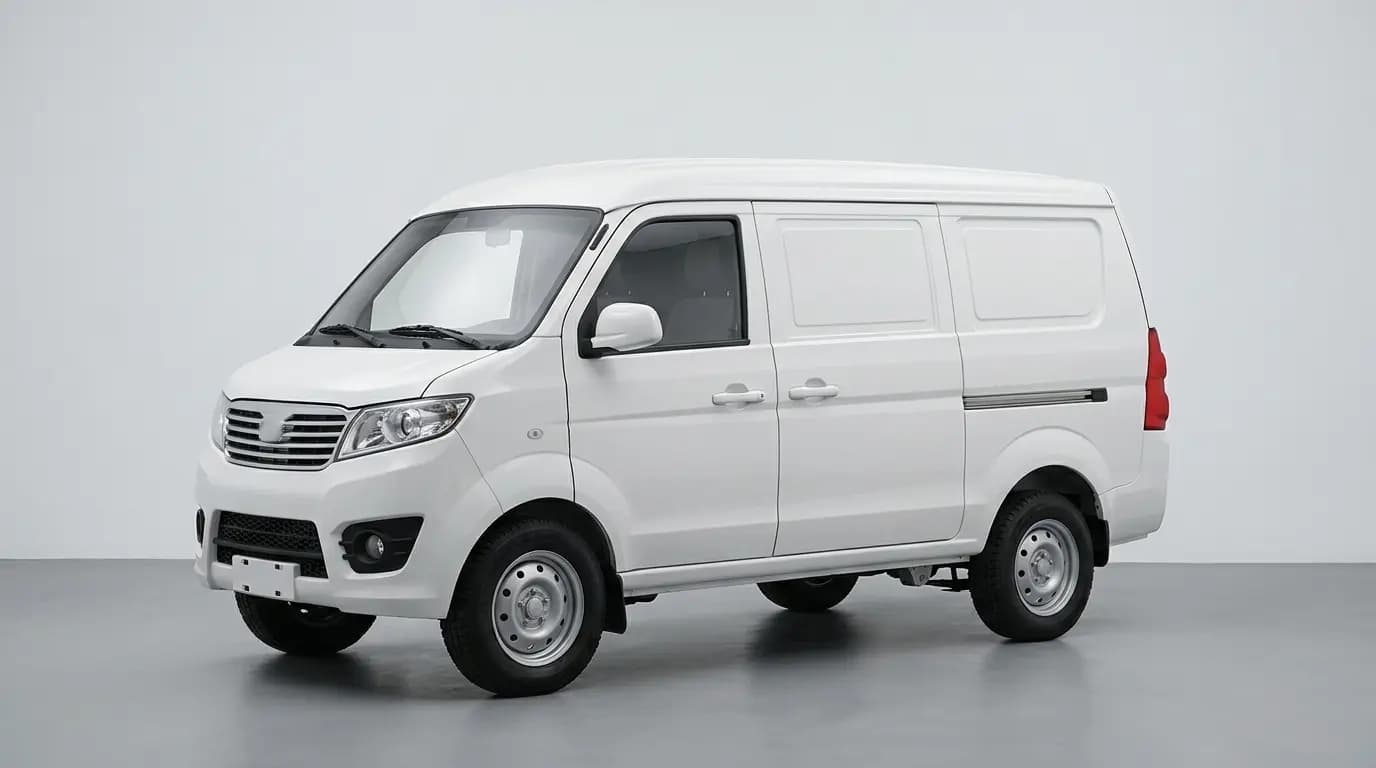 Xe tải van màu trắng, thùng kín, trên nền xám trơn